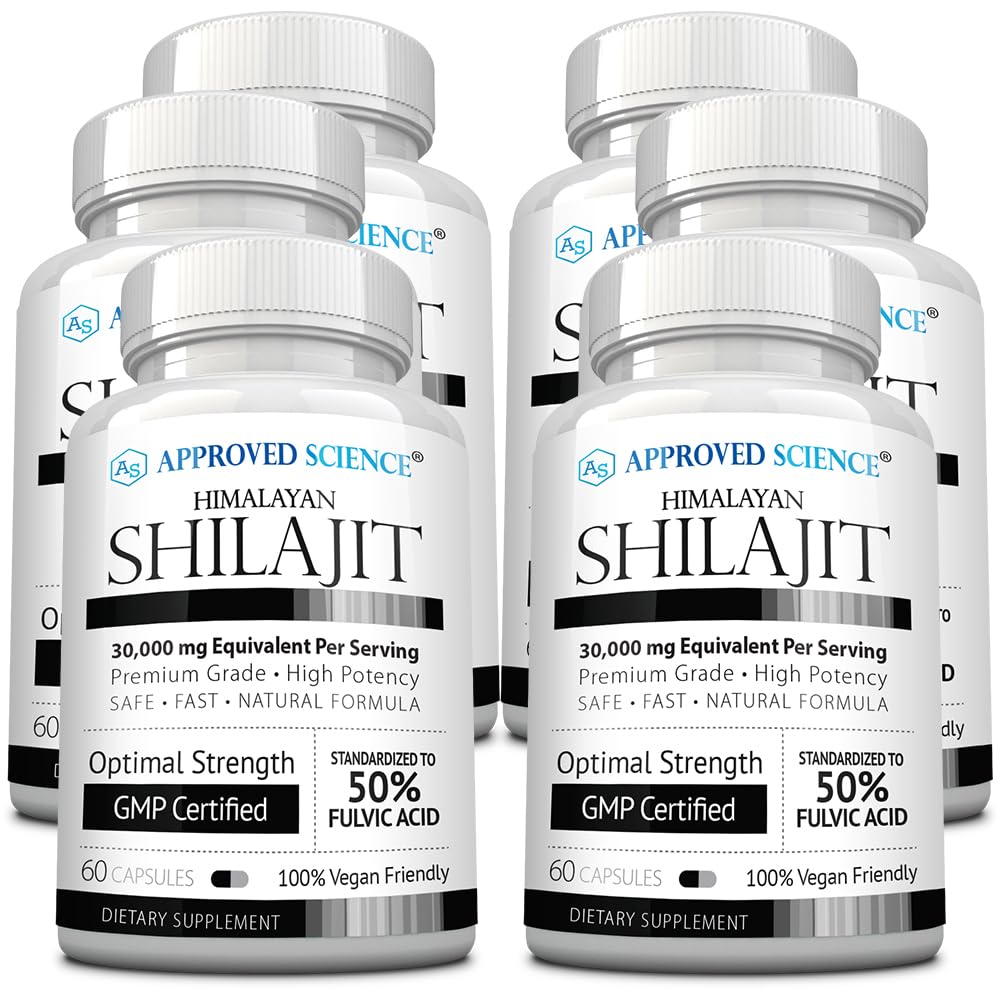 Approved Science Himalayan Shilajit bottle pour highlights fulvic acid support for daily vitality.
