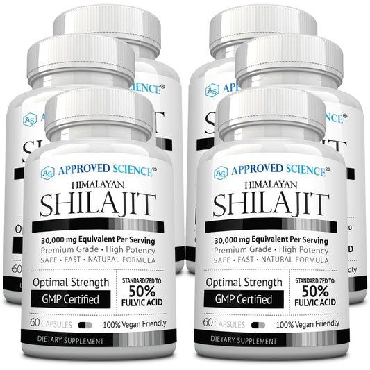 Approved Science Himalayan Shilajit bottle pour highlights fulvic acid support for daily vitality.