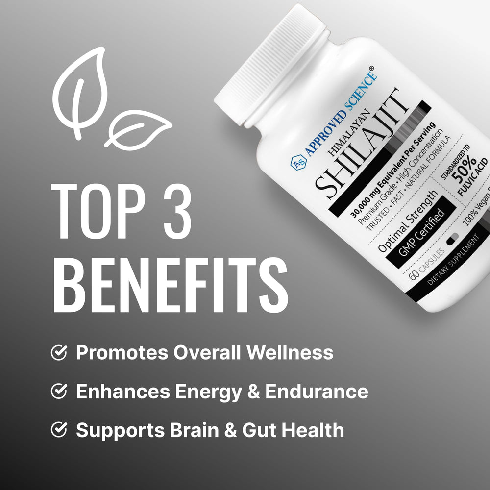 Approved Science Himalayan Shilajit label close-up showing 60 capsules
