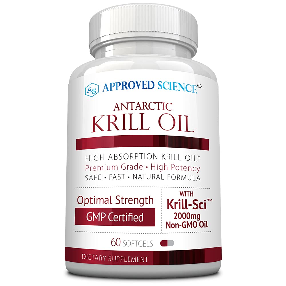 Approved Science Krill Oil bottle close-up with 2000 mg krill oil and omega-3 content.