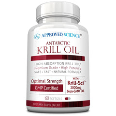 Approved Science Krill Oil bottle close-up with 2000 mg krill oil and omega-3 content.