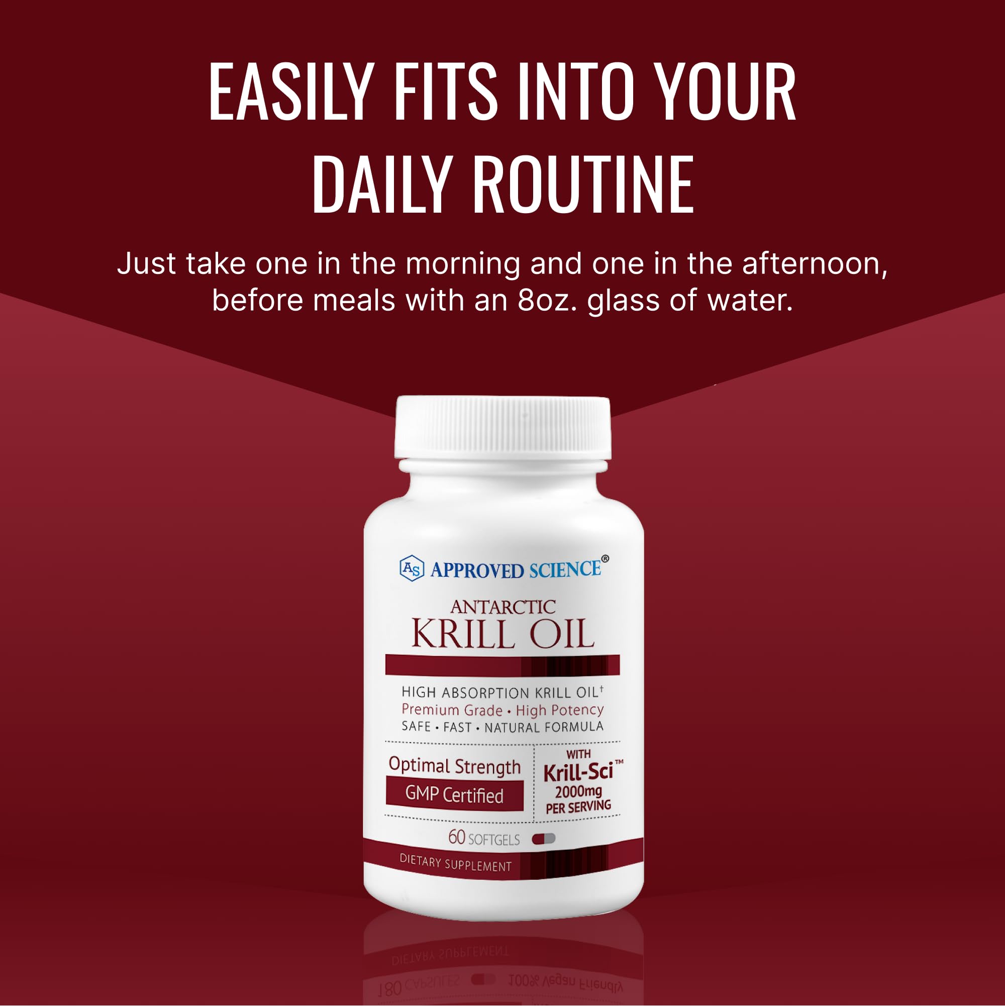 Approved Science Krill Oil bottle with glass and spoon, suggesting easy daily dosage.