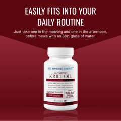 Approved Science Krill Oil bottle with glass and spoon, suggesting easy daily dosage.