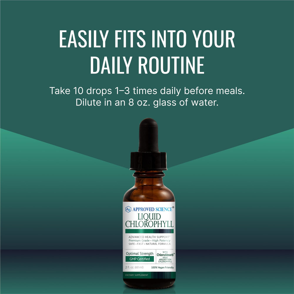 Approved Science Liquid Chlorophyll drops integrated into daily routine for wellness.