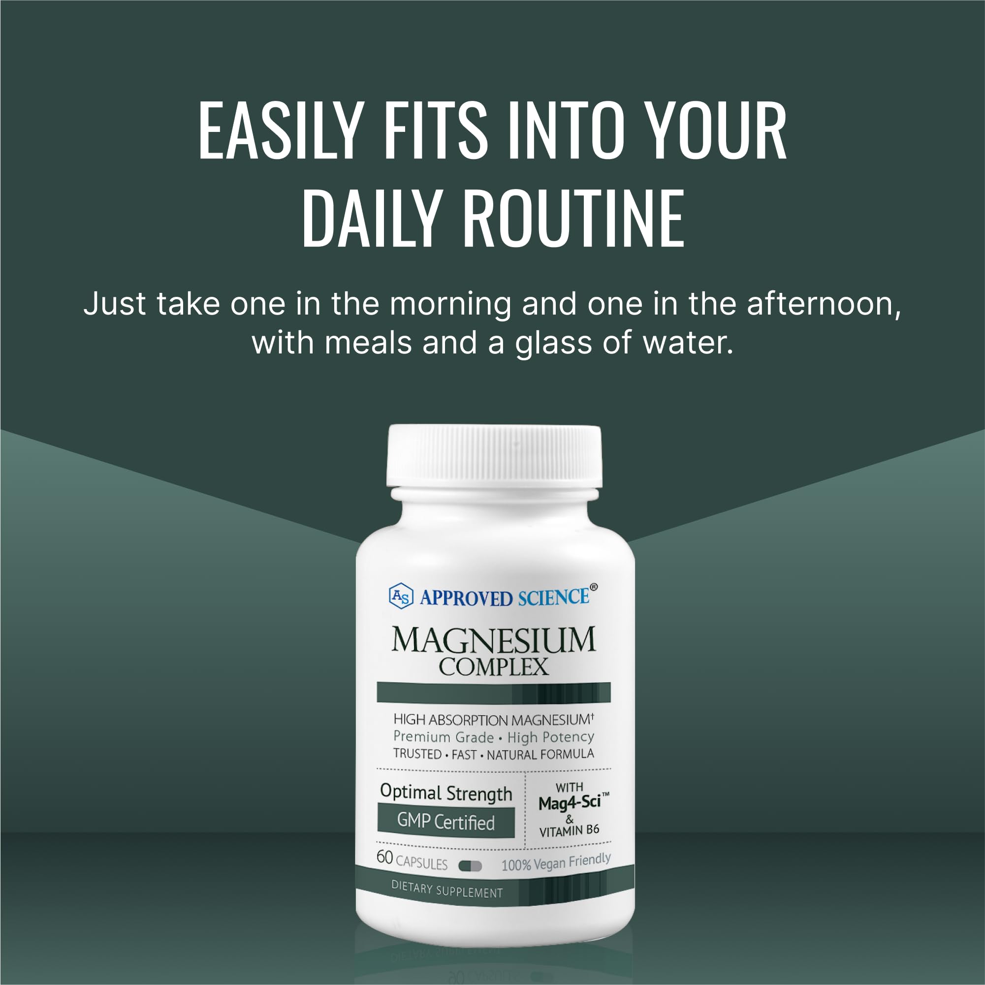 Approved Science Magnesium Complex bottle pouring to show easy daily dosing.