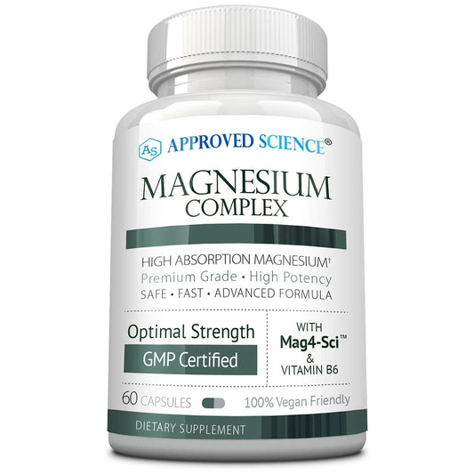 Approved Science Magnesium Complex bottle showing high absorption formula for daily support.
