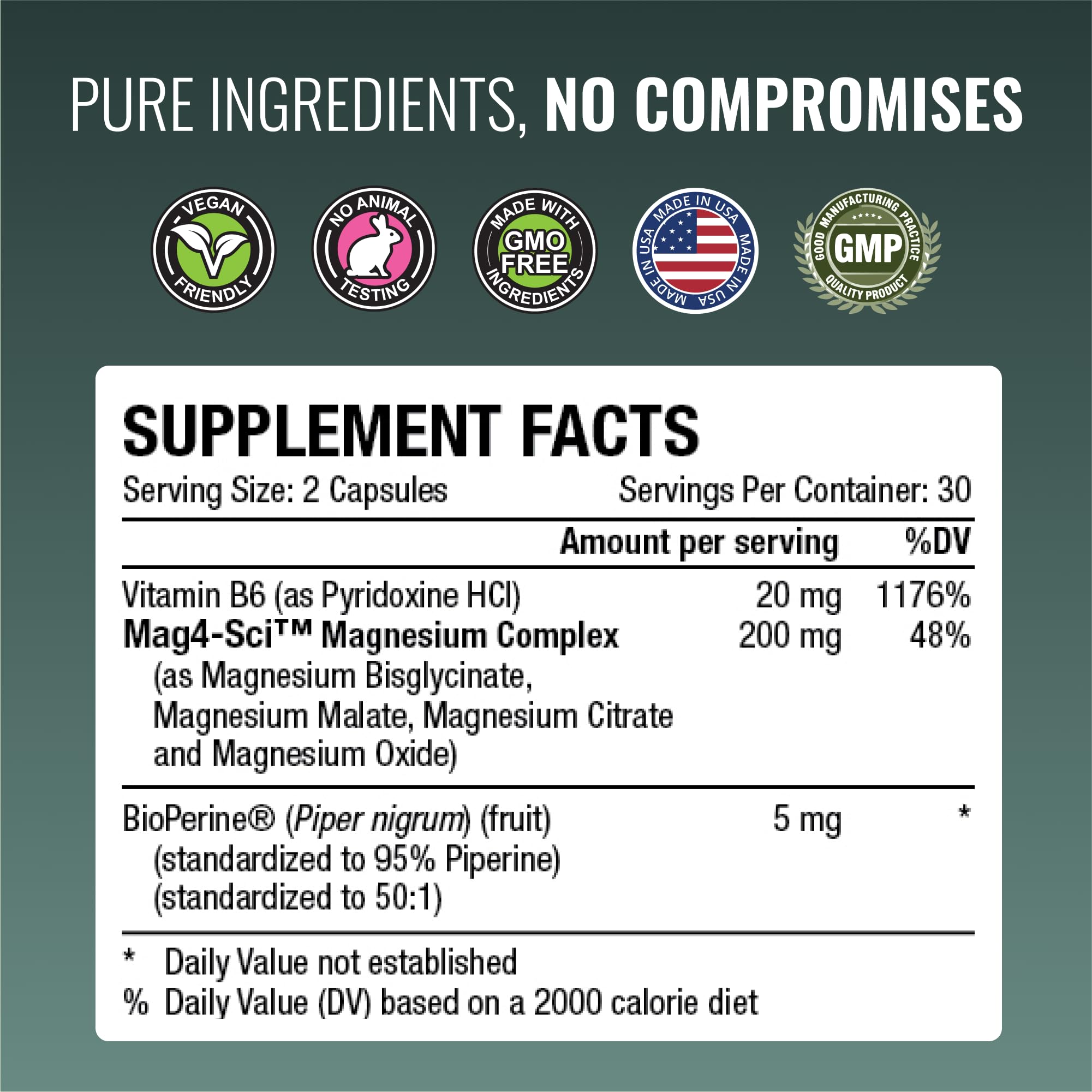 Approved Science Magnesium Complex ingredients panel features vegan and non-GMO profile.