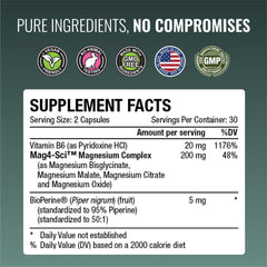 Approved Science Magnesium Complex ingredients panel features vegan and non-GMO profile.