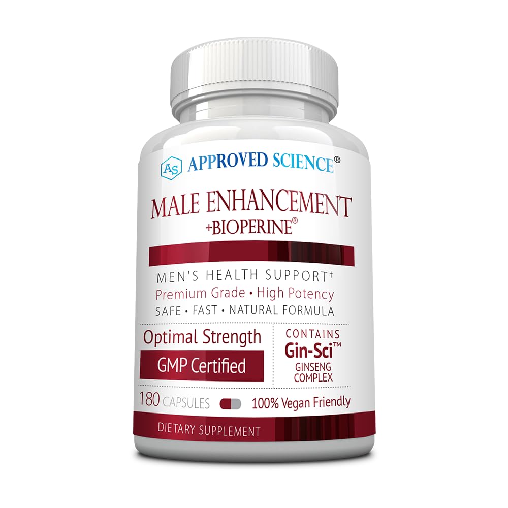 Approved Science Male Enhancement bottle with vegan capsules for daily vitality.