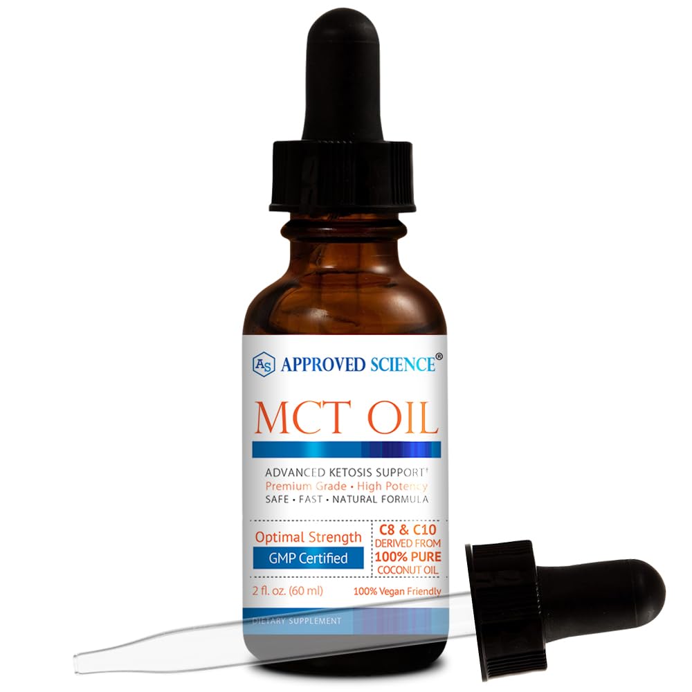 Approved Science MCT Oil bottle pouring into a beverage for easy use.