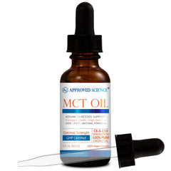 Approved Science MCT Oil bottle pouring into a beverage for easy use.