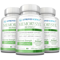 Approved Science MemorySyl bottle shows Lions Mane for focus support.