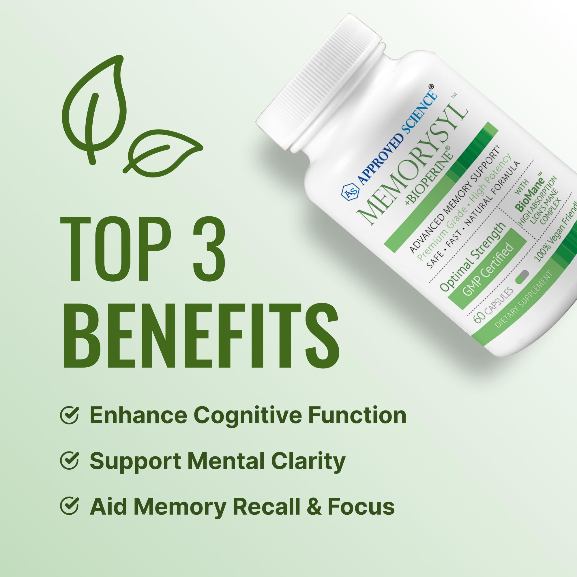 Approved Science MemorySyl bottle highlights phosphatidylserine and bacopa for brain function.