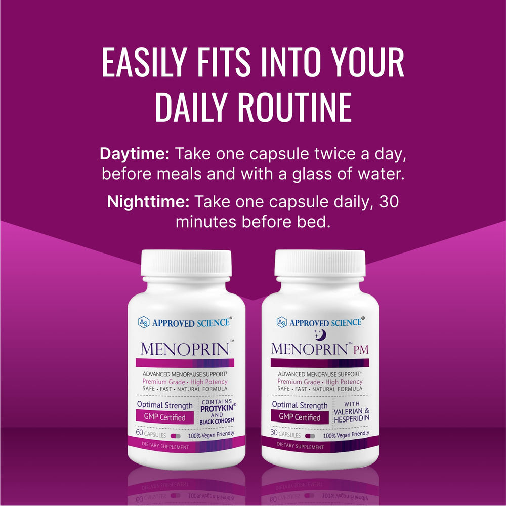 Approved Science Menoprin bundle of day and PM bottles suggests comprehensive support.