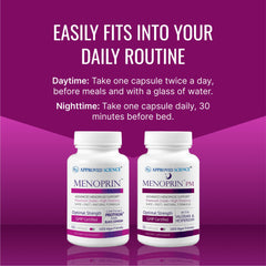 Approved Science Menoprin bundle of day and PM bottles suggests comprehensive support.