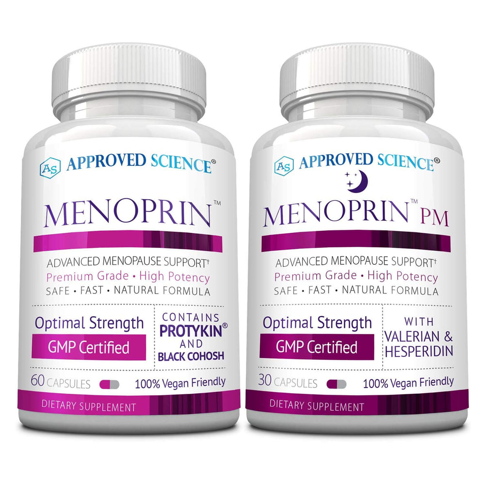 Approved Science Menoprin Day bottle closeup for daytime energy and mood support.