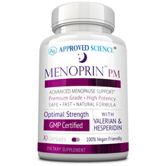Approved Science Menoprin PM bottle side view supports relaxed evenings with valerian and melatonin