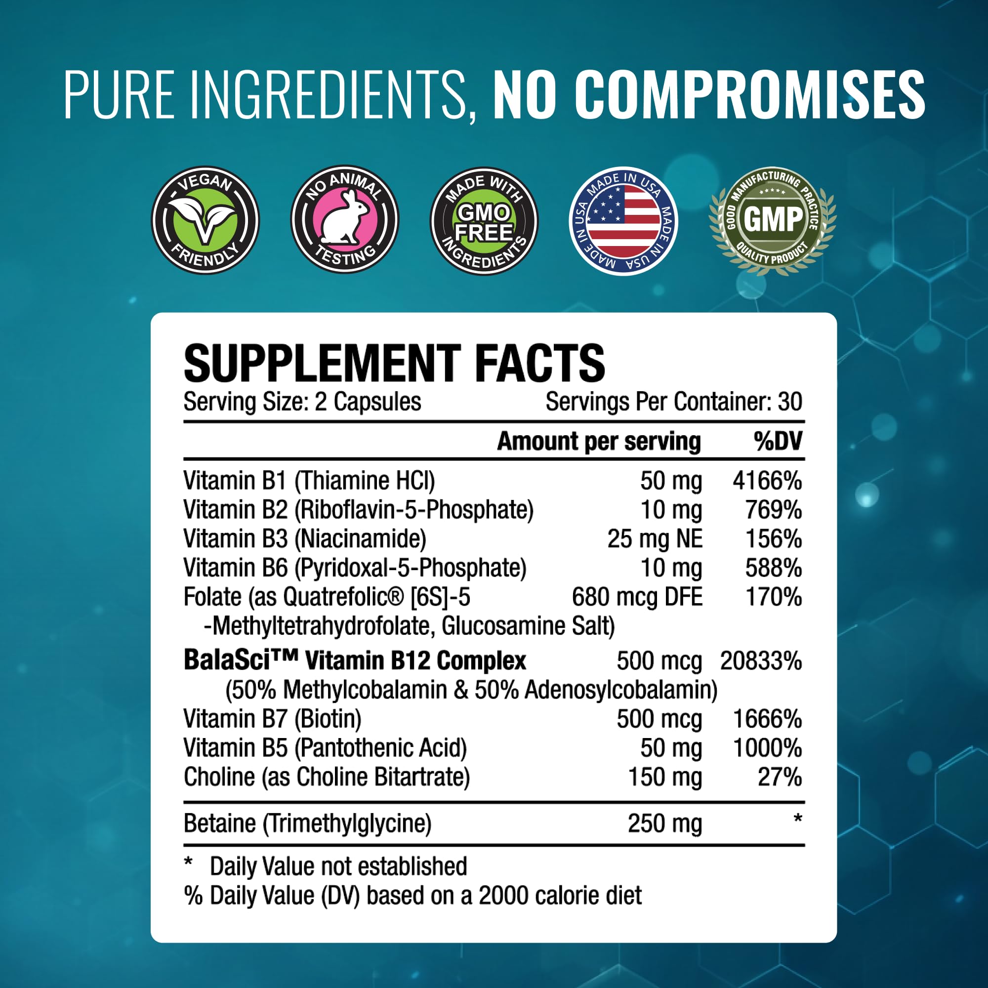 GMP-certified sticker closeup on Approved Science Methylated B Complex packaging
