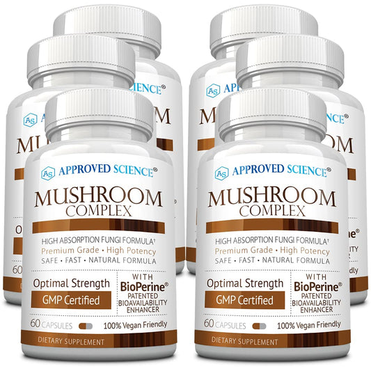 Approved Science Mushroom Complex bottle front showing label for immune support.