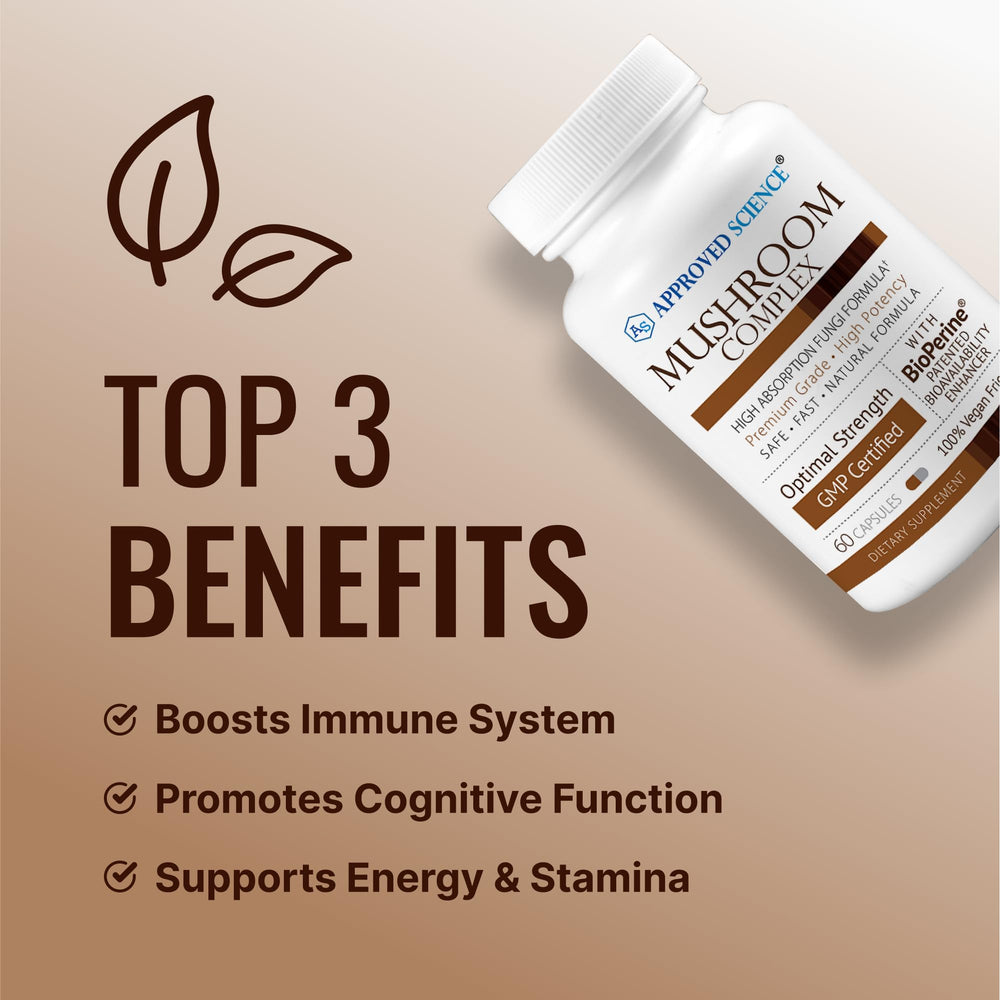Approved Science Mushroom Complex capsules arranged for daily cognitive and immune benefits.