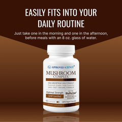 Approved Science Mushroom Complex capsules with a glass of water beside.