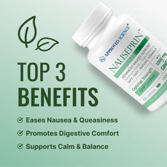 Approved Science Nauseprin bottle closeup shows vegan capsules for digestion.