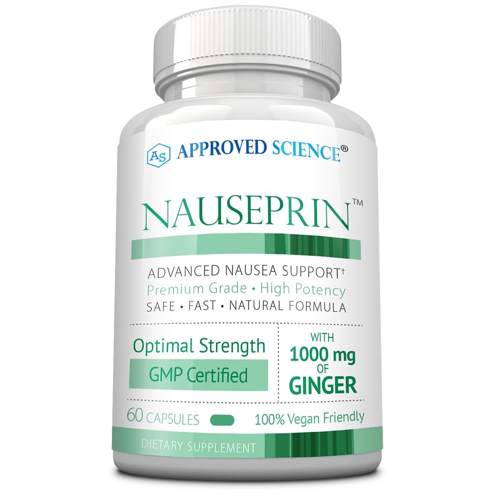 Approved Science Nauseprin ginger capsules for nausea relief and digestion.