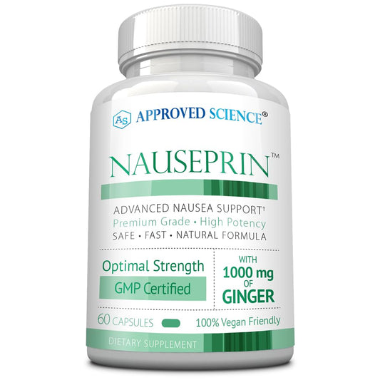 Approved Science Nauseprin ginger capsules for nausea relief and digestion.