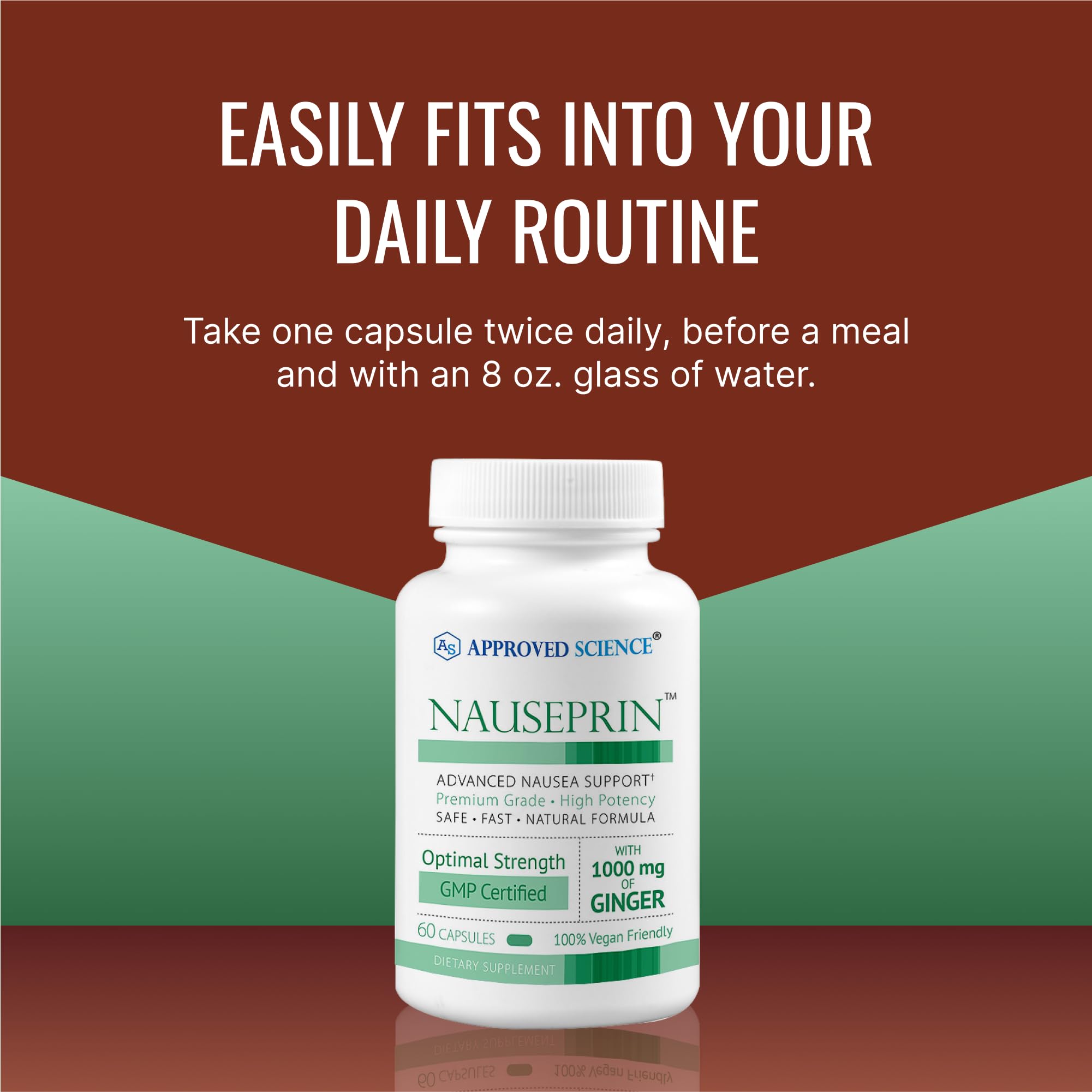 Approved Science Nauseprin vegan capsules under bright light signaling Non-GMO formula.