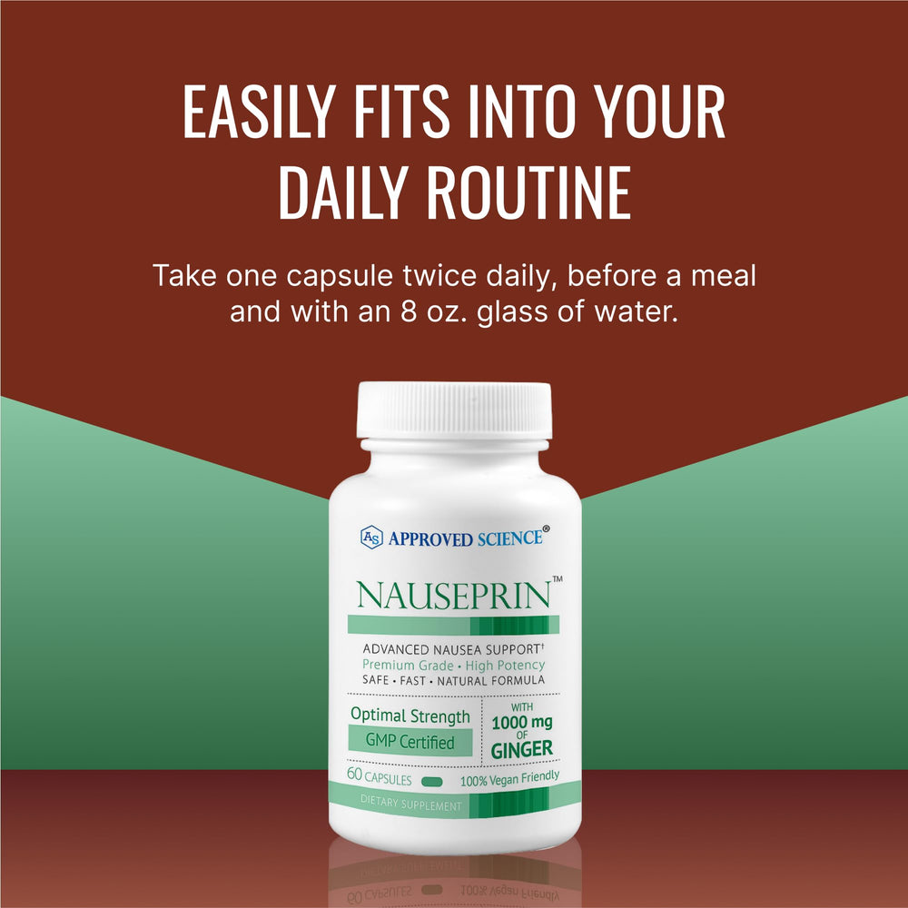 Approved Science Nauseprin vegan capsules under bright light signaling Non-GMO formula.