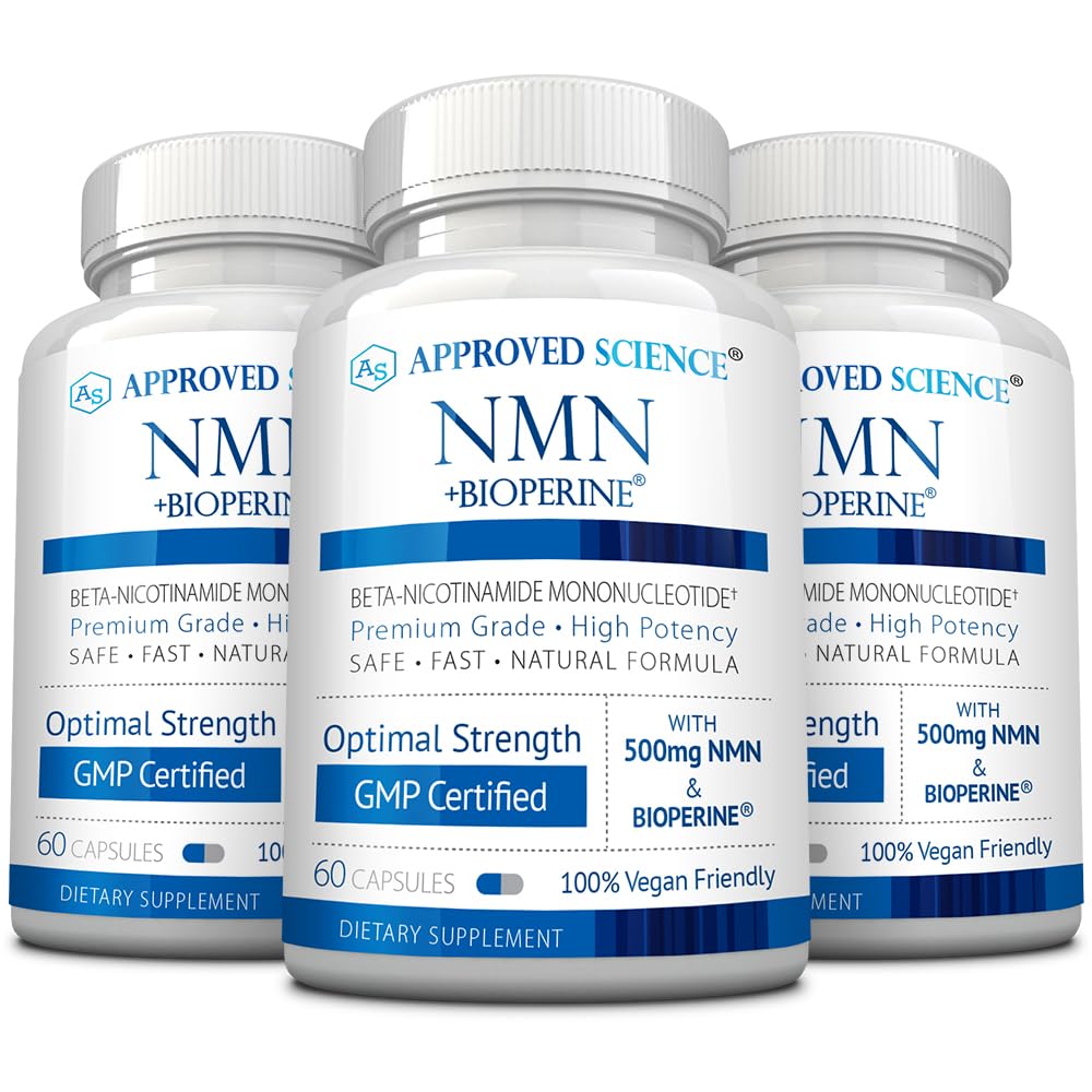 Approved Science NMN 500mg bottle close-up showing energy-supporting capsules.