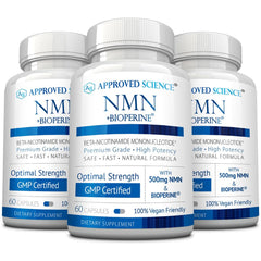 Approved Science NMN 500mg bottle close-up showing energy-supporting capsules.
