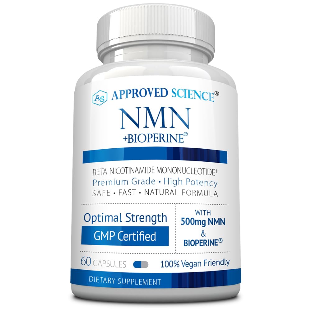 Approved Science NMN 500mg bottle front view highlighting stability and energy support.