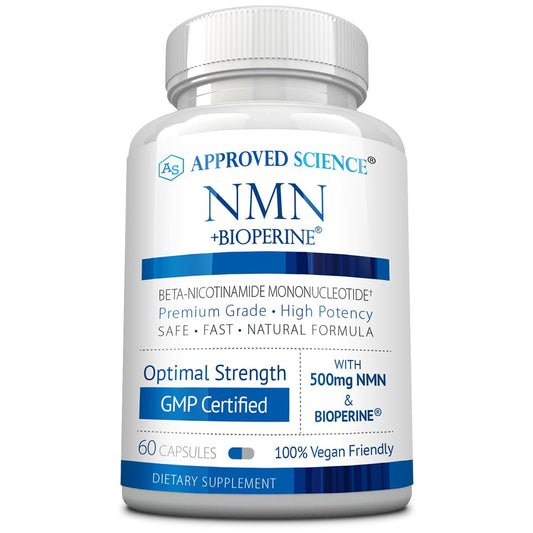 Approved Science NMN 500mg bottle front view highlighting stability and energy support.