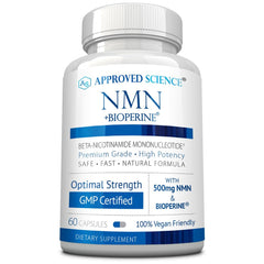 Approved Science NMN 500mg bottle front view highlighting stability and energy support.