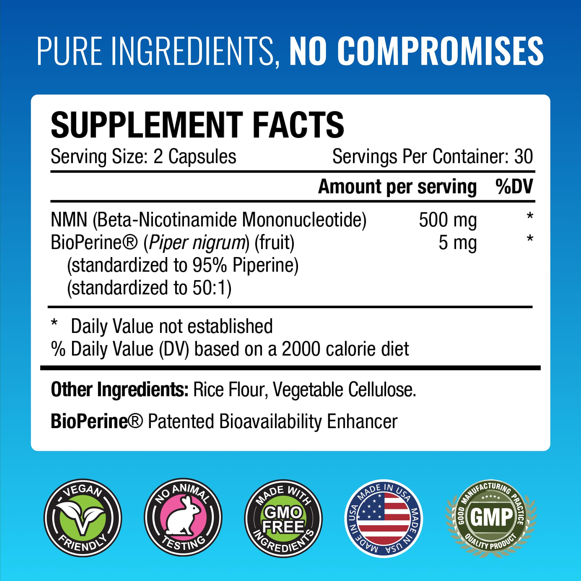 Approved Science NMN 500mg Made in USA badge emphasizing quality and facility.