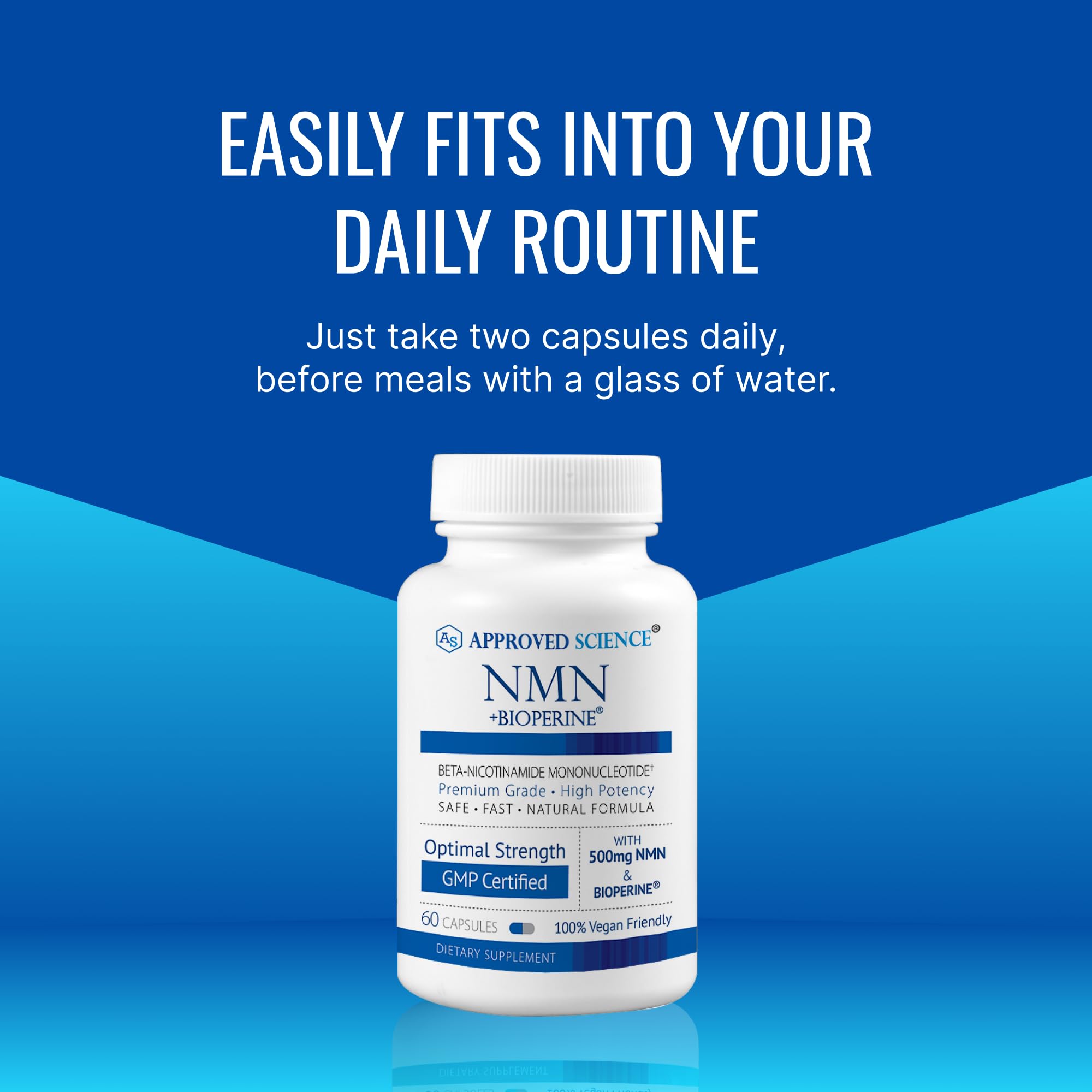 Approved Science NMN 500mg promotion banner indicating vegan formulation.