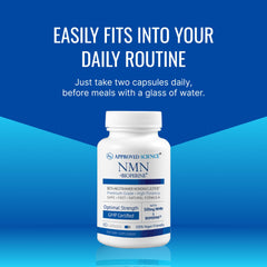 Approved Science NMN capsules in hand for easy daily use.