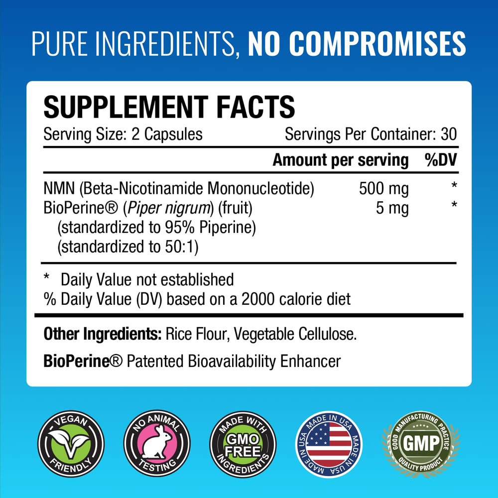 Approved Science NMN label shows third-party testing and GMO-free claim.