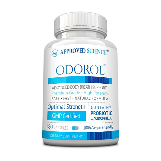 Approved Science Odorol bottle front showing 180 capsules for fresh breath