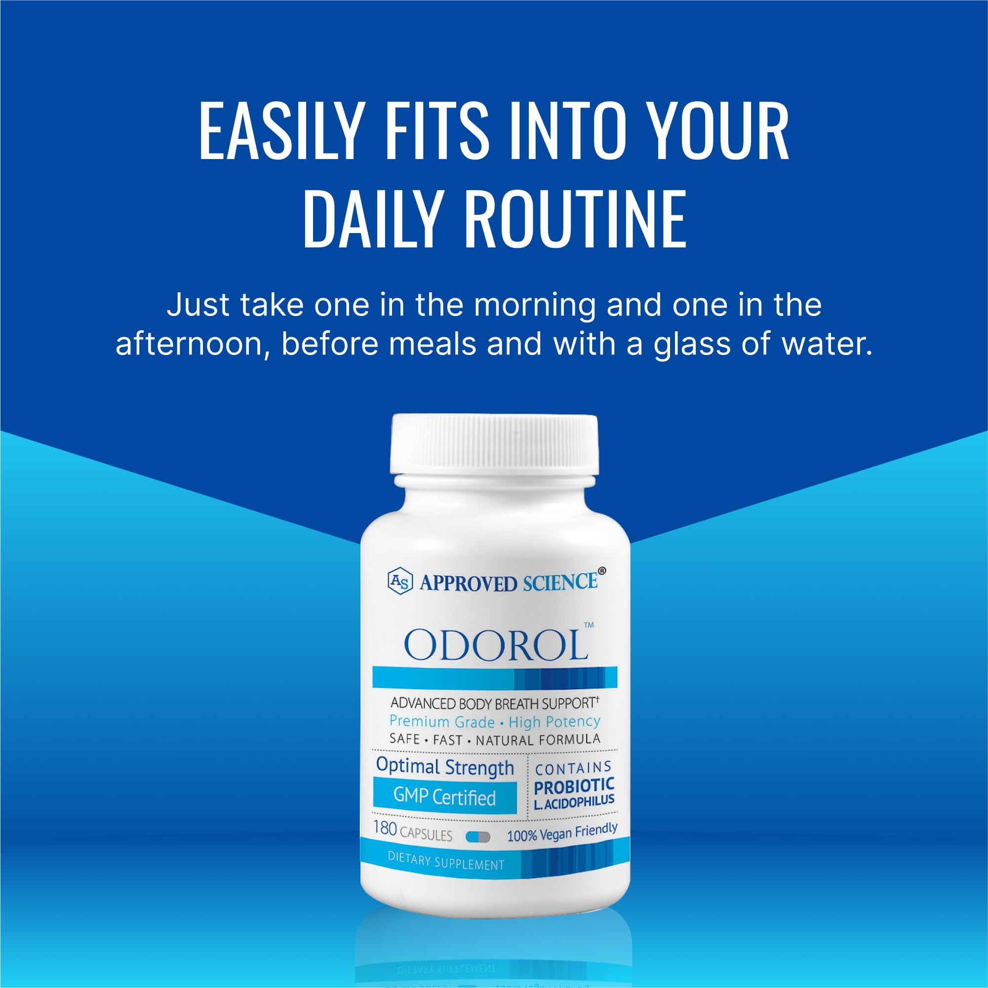 Approved Science Odorol capsules in hand for daily hygiene