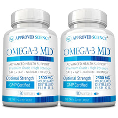 Approved Science Omega-3MD bottle front showing packaging for daily use