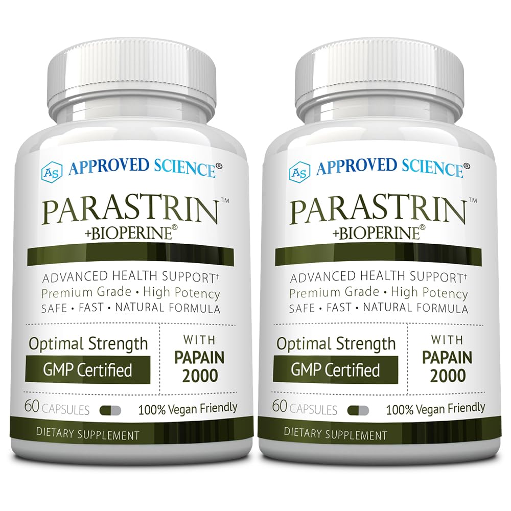 Approved Science Parastrin capsules in a bottle support digestive balance.