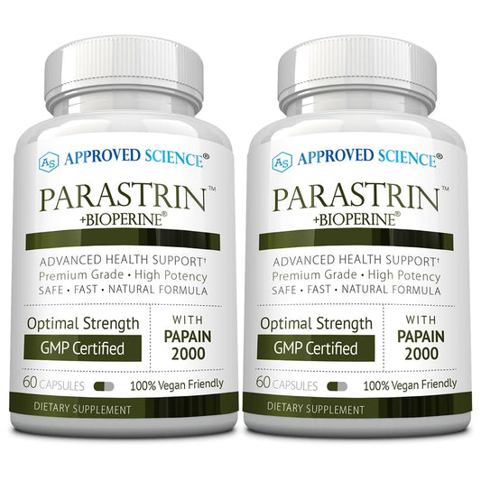 Approved Science Parastrin capsules in a bottle support digestive balance.