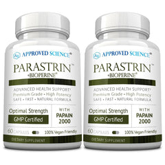 Approved Science Parastrin capsules in a bottle support digestive balance.