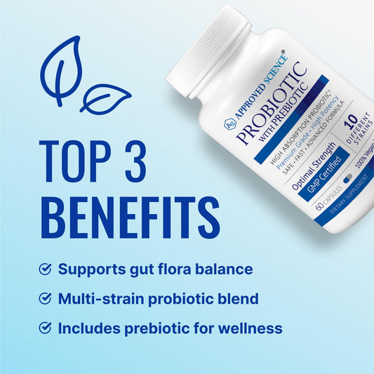 Approved Science Probiotic bottle label shows ten strains and prebiotic for digestive support.