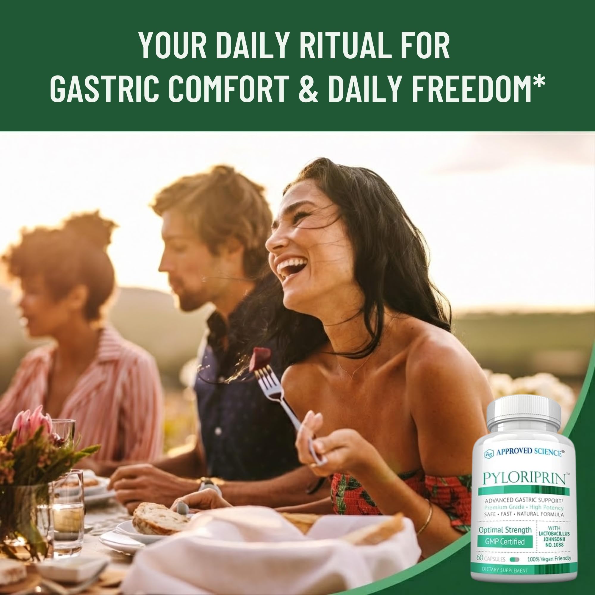 Broccoli sprout powder within Pyloriprin supports digestive defenses.