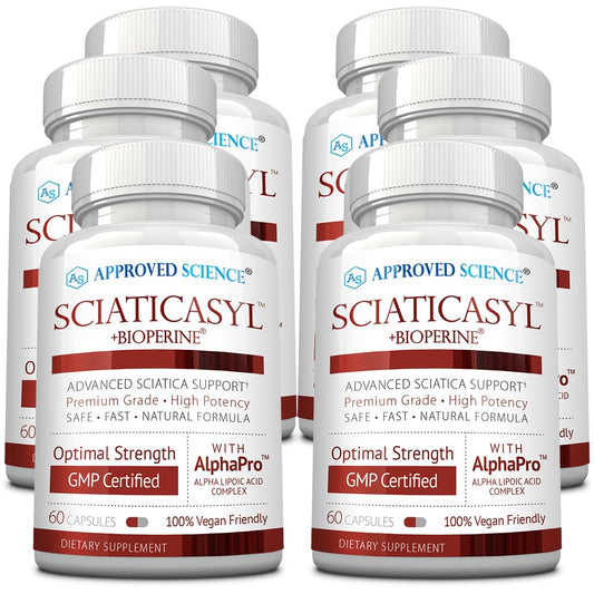 Approved Science Sciaticasyl bottle featuring B Absorb for nerve support and energy.