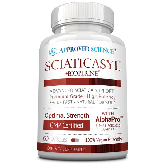 Approved Science Sciaticasyl bottle front showing capsules for daily nerve support.