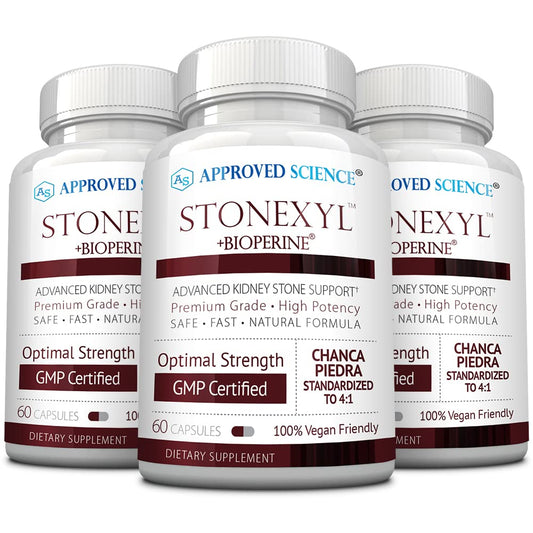 Approved Science Stonexyl bottle front highlighting herbal kidney stone support.